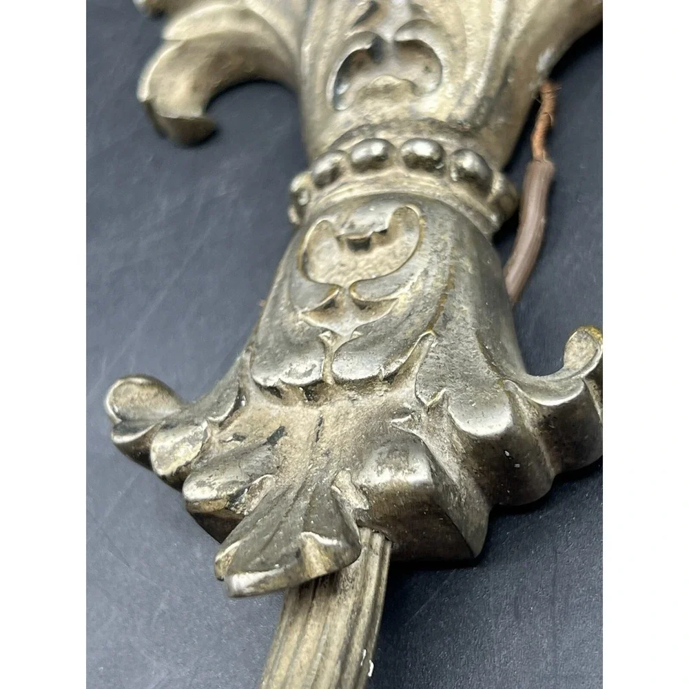 Pair Antique Cast Brass/Bronze (?) Floral Electric Wall Sconce Lights Reclaimed